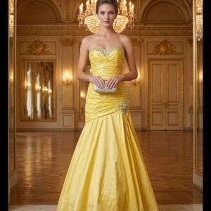 Mori Lee Strapless Beaded Yellow Taffeta Mermaid  Prom Gown Style 4514 Size 7/8